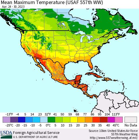 North America Mean Maximum Temperature (USAF 557th WW) Thematic Map For 4/24/2023 - 4/30/2023
