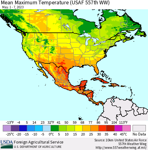 North America Mean Maximum Temperature (USAF 557th WW) Thematic Map For 5/1/2023 - 5/7/2023