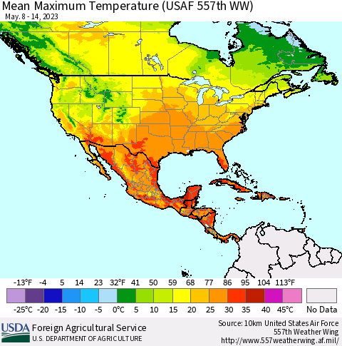 North America Mean Maximum Temperature (USAF 557th WW) Thematic Map For 5/8/2023 - 5/14/2023