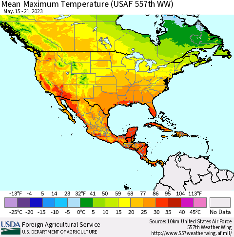 North America Mean Maximum Temperature (USAF 557th WW) Thematic Map For 5/15/2023 - 5/21/2023