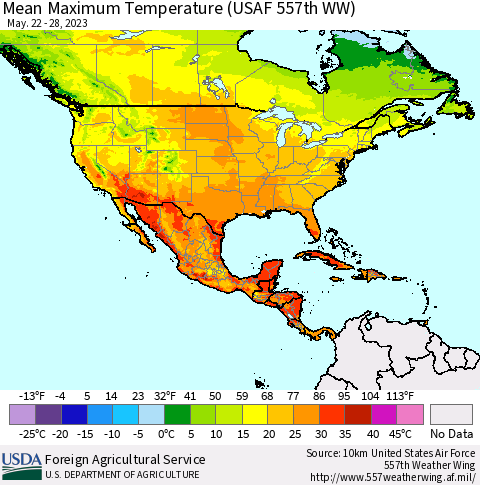 North America Mean Maximum Temperature (USAF 557th WW) Thematic Map For 5/22/2023 - 5/28/2023