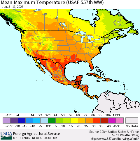 North America Mean Maximum Temperature (USAF 557th WW) Thematic Map For 6/5/2023 - 6/11/2023