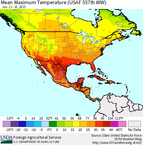 North America Mean Maximum Temperature (USAF 557th WW) Thematic Map For 6/12/2023 - 6/18/2023
