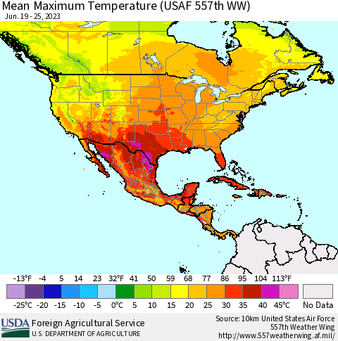 North America Mean Maximum Temperature (USAF 557th WW) Thematic Map For 6/19/2023 - 6/25/2023