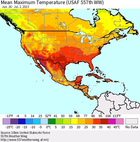 North America Mean Maximum Temperature (USAF 557th WW) Thematic Map For 6/26/2023 - 7/2/2023