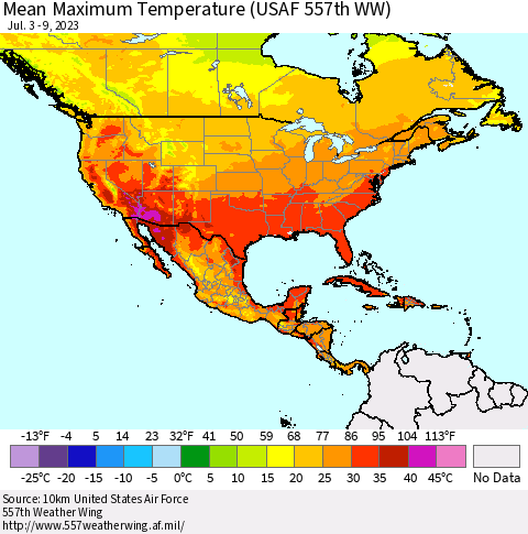 North America Mean Maximum Temperature (USAF 557th WW) Thematic Map For 7/3/2023 - 7/9/2023