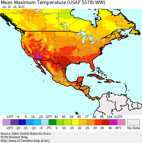 North America Mean Maximum Temperature (USAF 557th WW) Thematic Map For 7/10/2023 - 7/16/2023