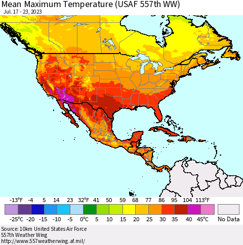North America Mean Maximum Temperature (USAF 557th WW) Thematic Map For 7/17/2023 - 7/23/2023