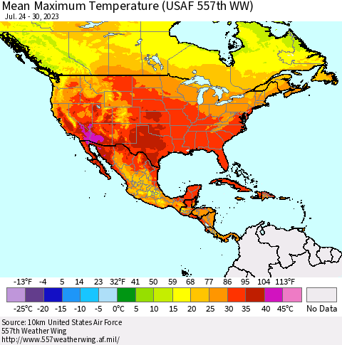 North America Mean Maximum Temperature (USAF 557th WW) Thematic Map For 7/24/2023 - 7/30/2023