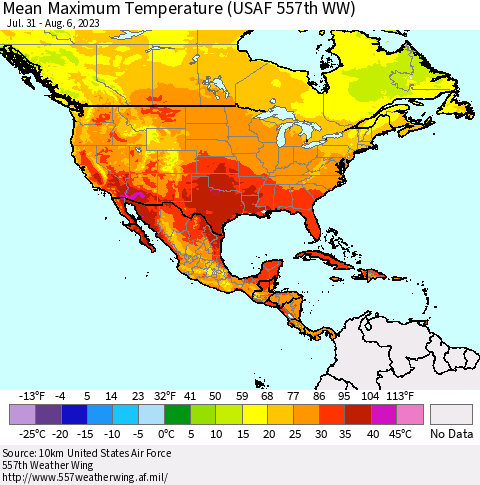 North America Mean Maximum Temperature (USAF 557th WW) Thematic Map For 7/31/2023 - 8/6/2023