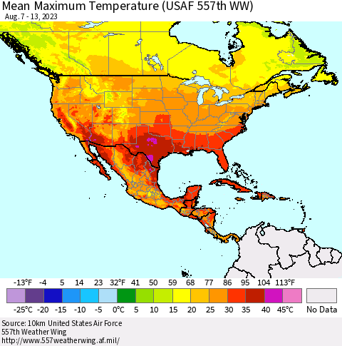North America Mean Maximum Temperature (USAF 557th WW) Thematic Map For 8/7/2023 - 8/13/2023