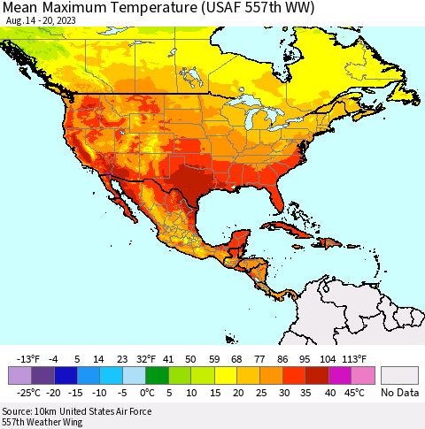 North America Mean Maximum Temperature (USAF 557th WW) Thematic Map For 8/14/2023 - 8/20/2023