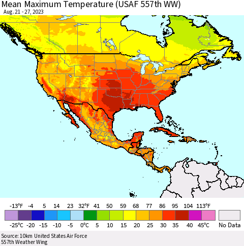 North America Mean Maximum Temperature (USAF 557th WW) Thematic Map For 8/21/2023 - 8/27/2023