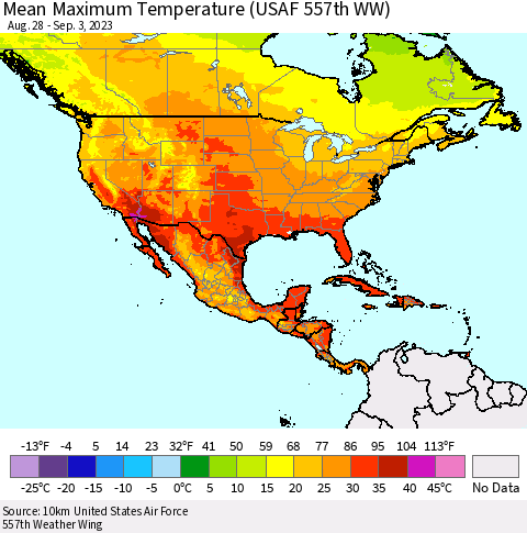North America Mean Maximum Temperature (USAF 557th WW) Thematic Map For 8/28/2023 - 9/3/2023