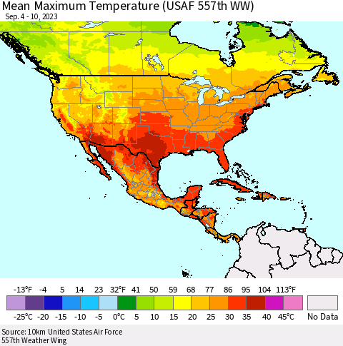 North America Mean Maximum Temperature (USAF 557th WW) Thematic Map For 9/4/2023 - 9/10/2023