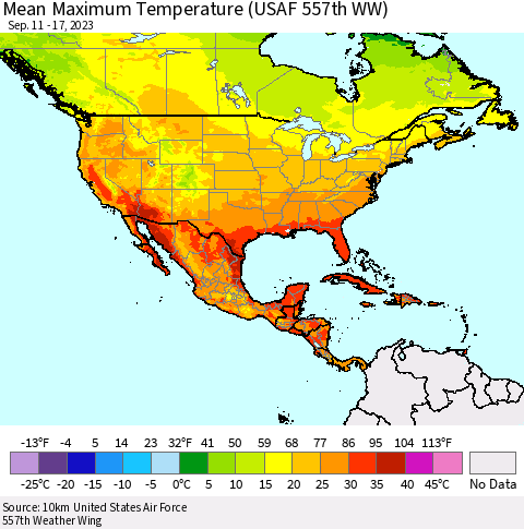 North America Mean Maximum Temperature (USAF 557th WW) Thematic Map For 9/11/2023 - 9/17/2023