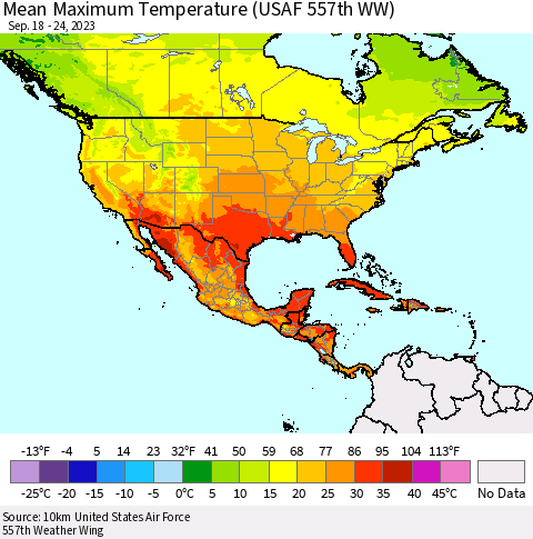 North America Mean Maximum Temperature (USAF 557th WW) Thematic Map For 9/18/2023 - 9/24/2023