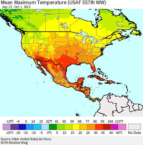 North America Mean Maximum Temperature (USAF 557th WW) Thematic Map For 9/25/2023 - 10/1/2023