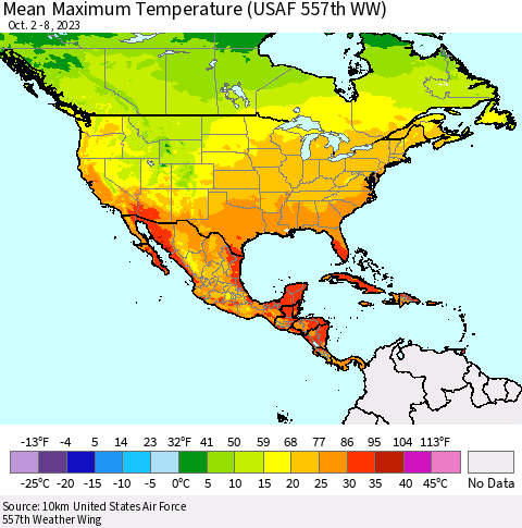 North America Mean Maximum Temperature (USAF 557th WW) Thematic Map For 10/2/2023 - 10/8/2023