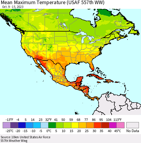 North America Mean Maximum Temperature (USAF 557th WW) Thematic Map For 10/9/2023 - 10/15/2023