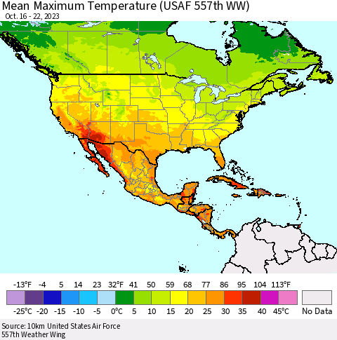 North America Mean Maximum Temperature (USAF 557th WW) Thematic Map For 10/16/2023 - 10/22/2023