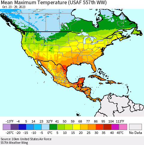 North America Mean Maximum Temperature (USAF 557th WW) Thematic Map For 10/23/2023 - 10/29/2023