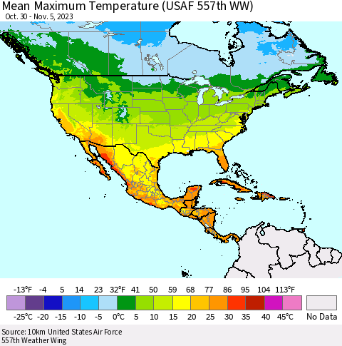 North America Mean Maximum Temperature (USAF 557th WW) Thematic Map For 10/30/2023 - 11/5/2023