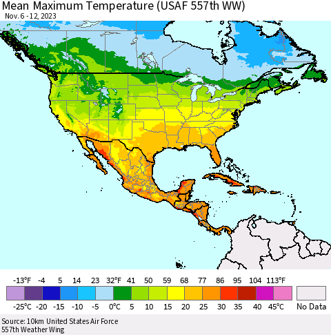 North America Mean Maximum Temperature (USAF 557th WW) Thematic Map For 11/6/2023 - 11/12/2023