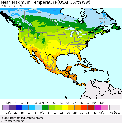 North America Mean Maximum Temperature (USAF 557th WW) Thematic Map For 11/13/2023 - 11/19/2023