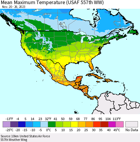 North America Mean Maximum Temperature (USAF 557th WW) Thematic Map For 11/20/2023 - 11/26/2023