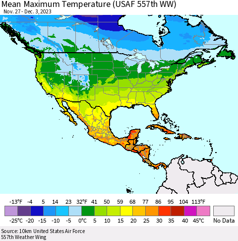 North America Mean Maximum Temperature (USAF 557th WW) Thematic Map For 11/27/2023 - 12/3/2023