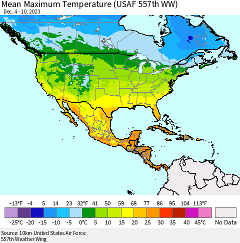 North America Mean Maximum Temperature (USAF 557th WW) Thematic Map For 12/4/2023 - 12/10/2023