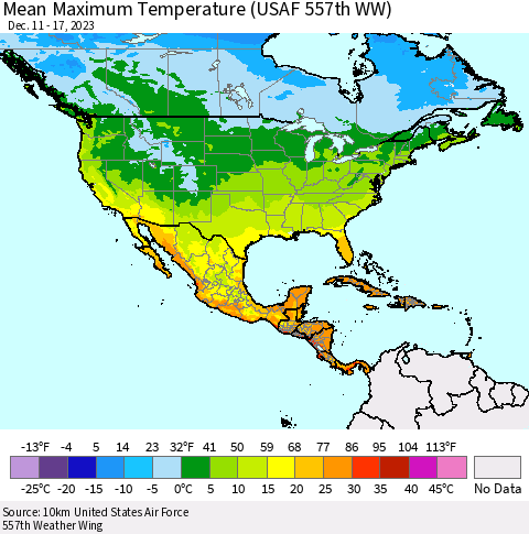 North America Mean Maximum Temperature (USAF 557th WW) Thematic Map For 12/11/2023 - 12/17/2023
