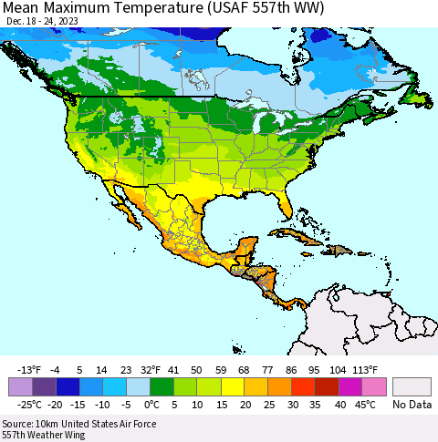North America Mean Maximum Temperature (USAF 557th WW) Thematic Map For 12/18/2023 - 12/24/2023