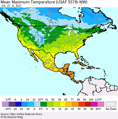 North America Mean Maximum Temperature (USAF 557th WW) Thematic Map For 12/25/2023 - 12/31/2023