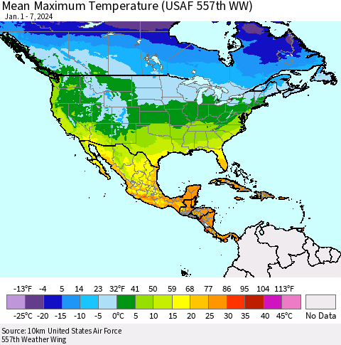 North America Mean Maximum Temperature (USAF 557th WW) Thematic Map For 1/1/2024 - 1/7/2024