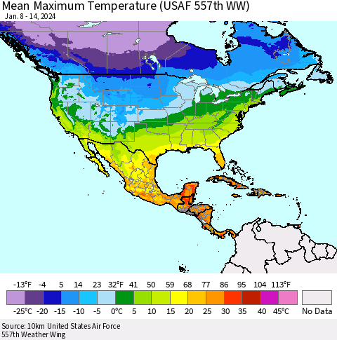 North America Mean Maximum Temperature (USAF 557th WW) Thematic Map For 1/8/2024 - 1/14/2024