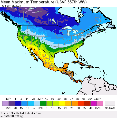 North America Mean Maximum Temperature (USAF 557th WW) Thematic Map For 1/15/2024 - 1/21/2024