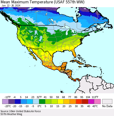 North America Mean Maximum Temperature (USAF 557th WW) Thematic Map For 1/22/2024 - 1/28/2024