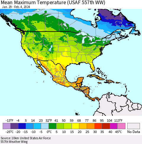 North America Mean Maximum Temperature (USAF 557th WW) Thematic Map For 1/29/2024 - 2/4/2024