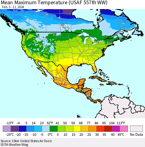 North America Mean Maximum Temperature (USAF 557th WW) Thematic Map For 2/5/2024 - 2/11/2024