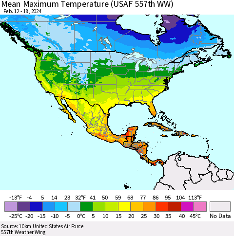 North America Mean Maximum Temperature (USAF 557th WW) Thematic Map For 2/12/2024 - 2/18/2024
