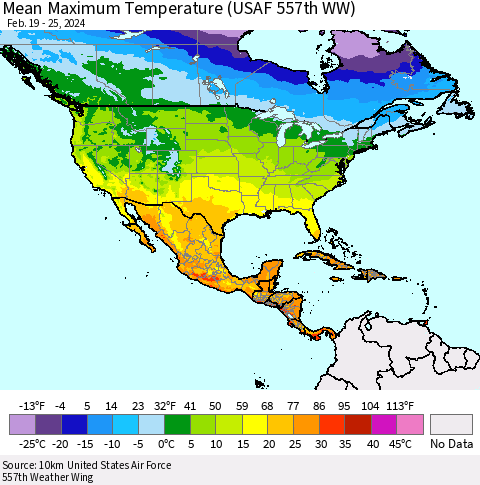North America Mean Maximum Temperature (USAF 557th WW) Thematic Map For 2/19/2024 - 2/25/2024