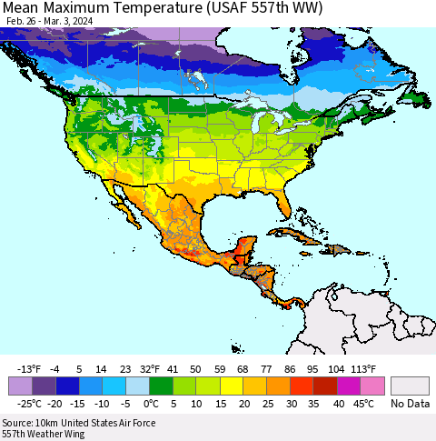 North America Mean Maximum Temperature (USAF 557th WW) Thematic Map For 2/26/2024 - 3/3/2024