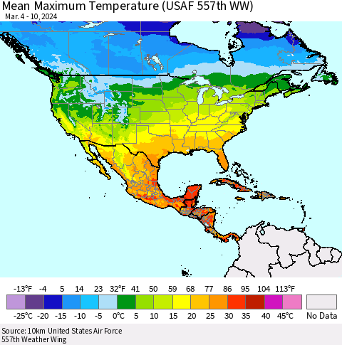North America Mean Maximum Temperature (USAF 557th WW) Thematic Map For 3/4/2024 - 3/10/2024