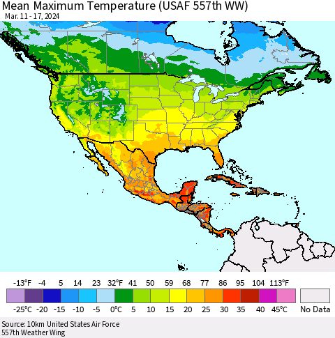 North America Mean Maximum Temperature (USAF 557th WW) Thematic Map For 3/11/2024 - 3/17/2024