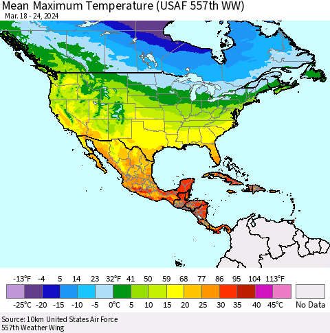 North America Mean Maximum Temperature (USAF 557th WW) Thematic Map For 3/18/2024 - 3/24/2024