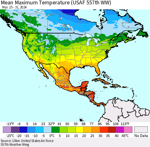 North America Mean Maximum Temperature (USAF 557th WW) Thematic Map For 3/25/2024 - 3/31/2024