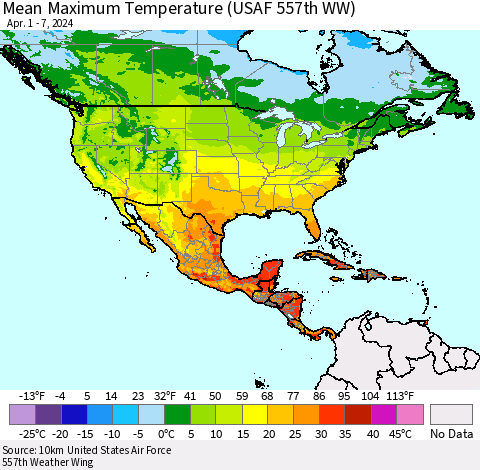 North America Mean Maximum Temperature (USAF 557th WW) Thematic Map For 4/1/2024 - 4/7/2024