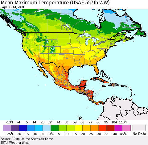 North America Mean Maximum Temperature (USAF 557th WW) Thematic Map For 4/8/2024 - 4/14/2024